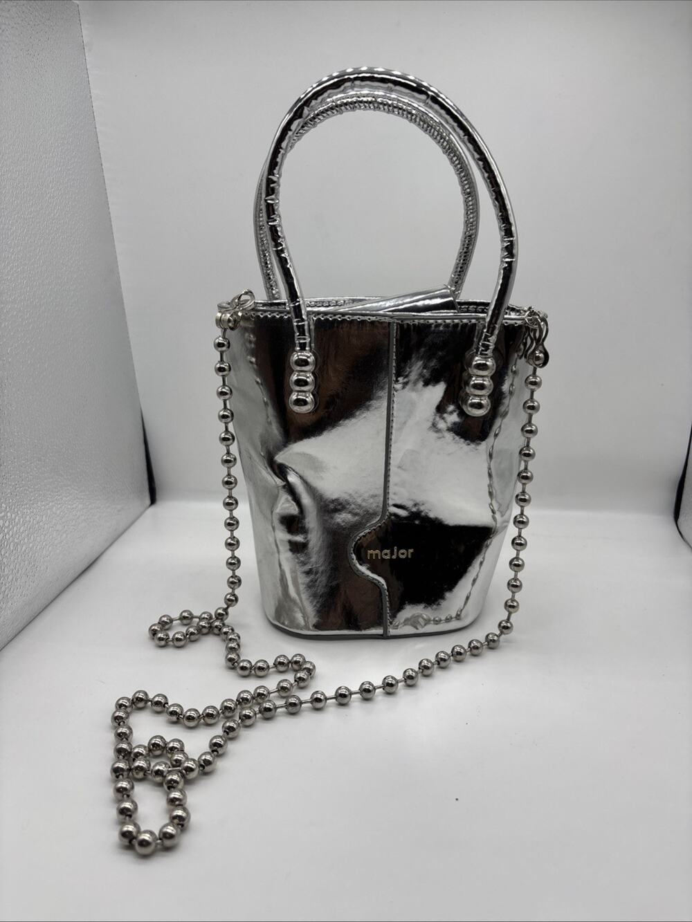 Major Metallic Silver Bucket Bag Top Handle Tote Purse Chunky Ball Chain Strap